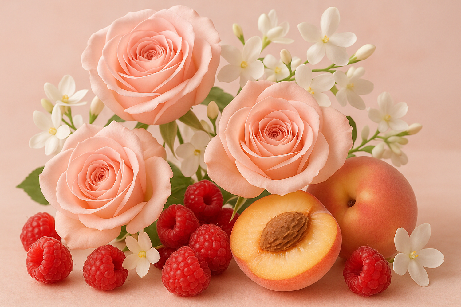 Give  ingredient image - As the heart unfolds, a bouquet of roses and jasmine mingles with juicy raspberry and velvety peach, capturing the essence of youthful romance and playful charm